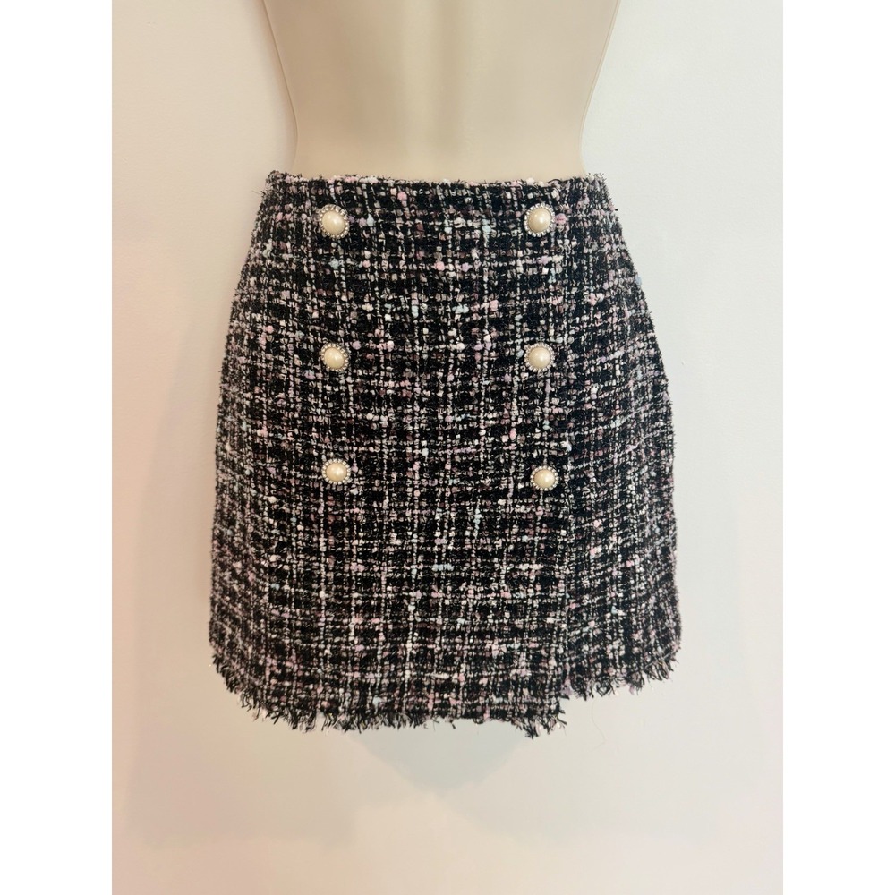 Majorelle Tweed Mini Skirt Sz S Black Pearl Buttons Fringe Revolve Cocktail - Picture 4 of 10